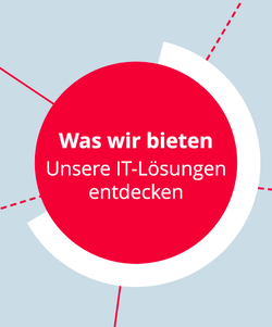Grafik zeigt folgenden Text: Was wir bieten. Unsere IT-Lösungen entdecken.