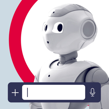 Teaserbild zeigt eine Collage aus einem Foto von einem mittelalten Mann am Laptop und einem Foto von einem Roboter.