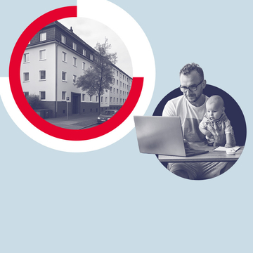 Collage zeigt einen Vater mit Kleinkind am Laptop sowie ein Haus.