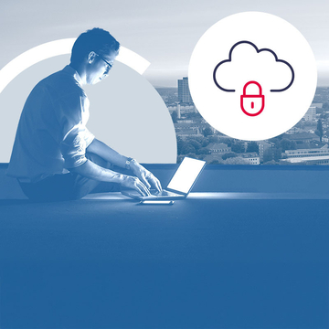 Collage zeigt einen Mann am Laptop, im Hintergrund eine Skyline und ein Icon für das Thema Cloud.