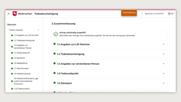Screenshot aus dem EfA-Onlinedienst zur Todesbescheinigung TB-Online
