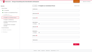 Screenshot aus dem EfA-Onlinedienst zum Leichnpass LP-Online