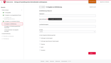 Screenshot aus dem EfA-Onlinedienst zum Leichnpass LP-Online