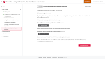 Screenshot aus dem EfA-Onlinedienst zum Leichnpass LP-Online