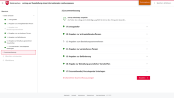 Screenshot aus dem EfA-Onlinedienst zum Leichnpass LP-Online