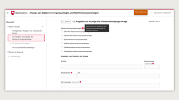 Screenshot aus dem EfA-Onlinedienst Anzeige von Wasserversorgungsanlagen TWVO-Online
