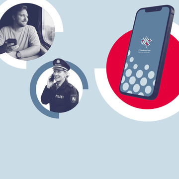 Collage zeigt eIn Smartphone mit IT.Niedersachsen-Logo und Menschen, die Mobilgeräte benutzen.