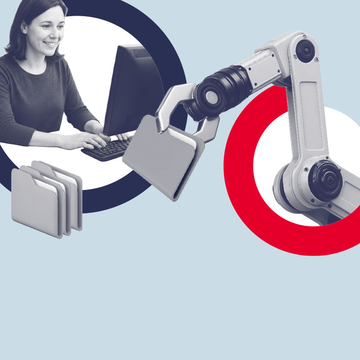 Collage zeigt eine Frau am PC-Arbeitsplatz und einen Roboterarm, der digitale Ordner greift.
