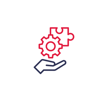 Icon zeigt eine geöffnete Hand von der Seite, darüber ein Zahnrad und ein Puzzleteil.