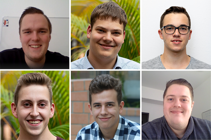 Die Kollage zeigt Portraits der sechs Azubis und Studis, die spontan im SignaturCard-Service-Team und im VOS aushelfen: (v. l . n. r.): Malte Greve, Valentin Gilch, Luis Bergmann, Marco Krafft, Jan Christoph Stein & Arndt Gieseler.