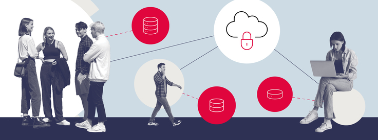 Collage aus am Laptop arbeitenden Menschen und Icons, die sichere Cloud symbolisieren