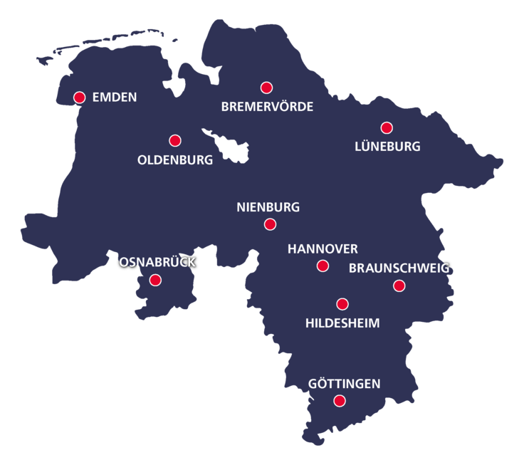 NIedersachsen-Karte mit den Standorten von IT.Niedersachsen