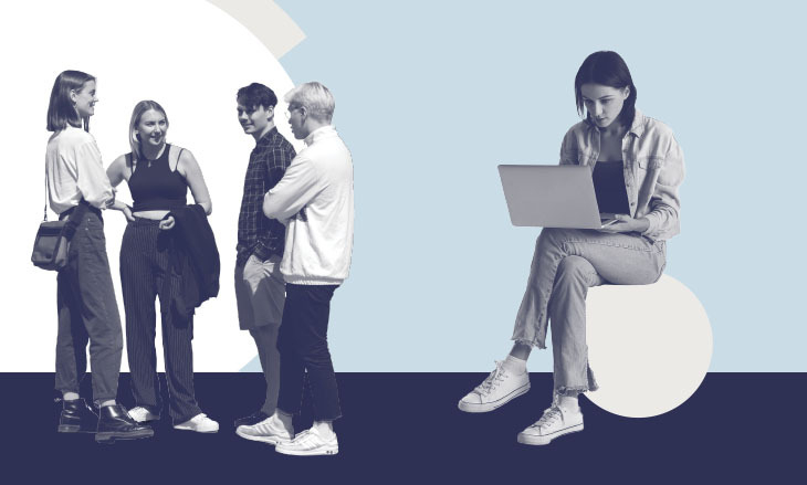 Collage zeigt eine Frau am Laptop und eine Gruppe von Menschen, die sich unterhalten.