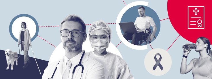 Collage zeigt Symbolbider zu verschiedene Gesundheitsthemen, zu denen es EfA-Onlinedienste aus NIedersachsen gibt. Außerdem ein Icon für den EfA-Onlinedienst Todesbescheinigung.