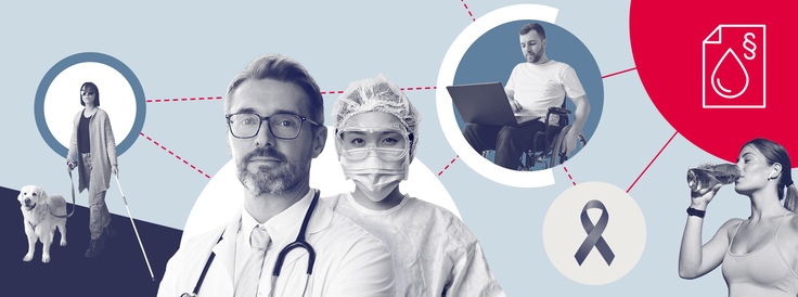 Collage zeigt Symbolbider zu verschiedene Gesundheitsthemen, zu denen es EfA-Onlinedienste aus NIedersachsen gibt. Außerdem ein Icon für den EfA-Onlinedienst Anzeige von Wasserversorgungsanlagen.