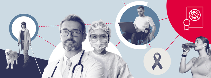 Collage zeigt Symbolbider zu verschiedene Gesundheitsthemen, zu denen es EfA-Onlinedienste aus NIedersachsen gibt. Außerdem ein Icon für den EfA-Onlinedienst Infektionsschutzbelehrung.