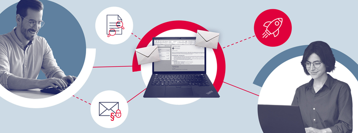 Dieses Bild zeigt eine Collage: ein Mann an einem Smartphone, eine Frau am Laptop, einen Laptop mit geöffnetem E-Mail-Programm, zwei Brief-Symbole sowie einge Icons und verbindende Linien.