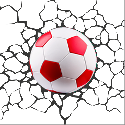 Das Bild zeigt einen rot-weißen Fußball, der gegen eine Wand schießt, sodass Risse entstehen.