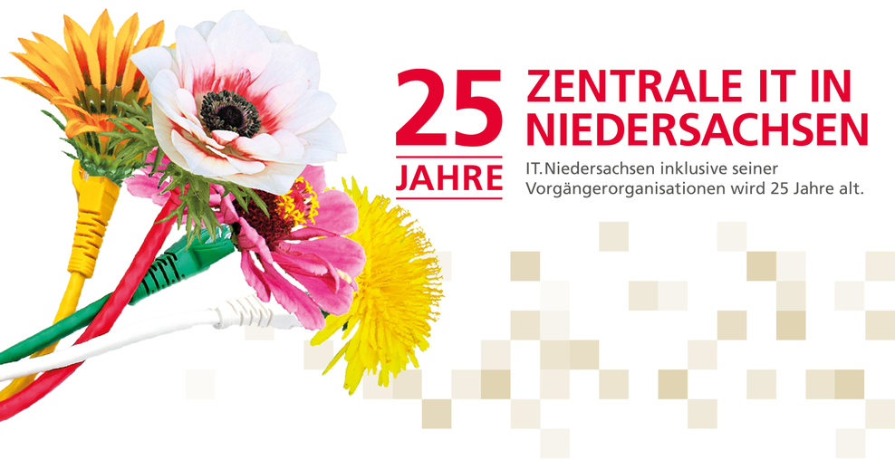 Blumenstrauß mit Netzwerkkabeln als Stängel, daneben Schriftzug