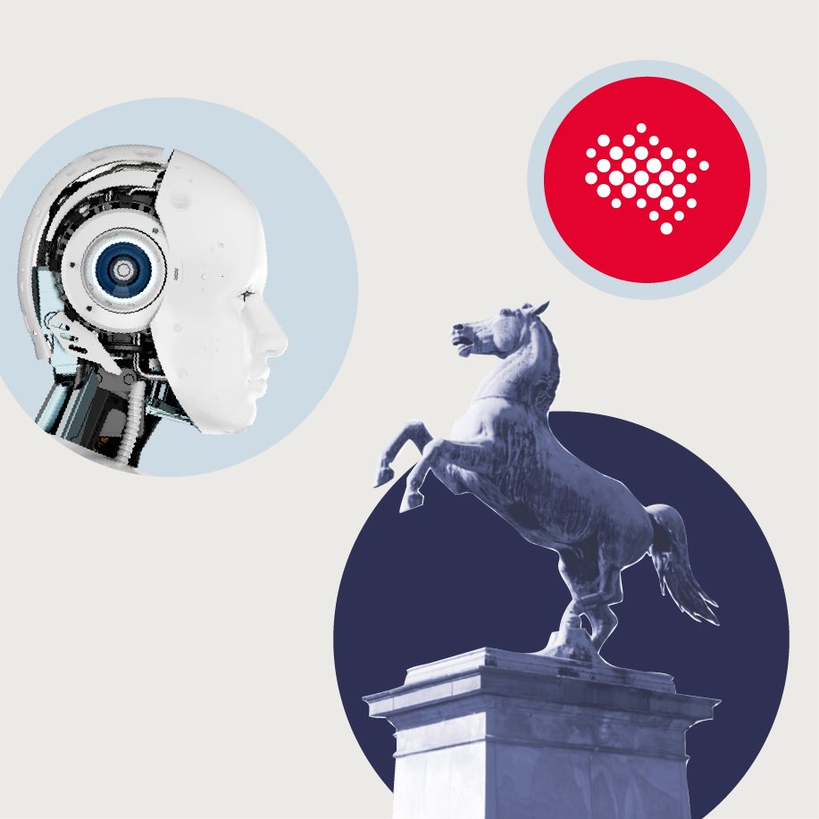 Collage aus einem Roboterkopf, einer Niedersachsen-Pferd-Statue und dem IT.Niedersachsen-Logo.