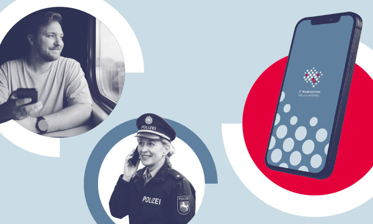 Collage zeigt eIn Smartphone mit IT.Niedersachsen-Logo und Menschen, die Mobilgeräte benutzen.