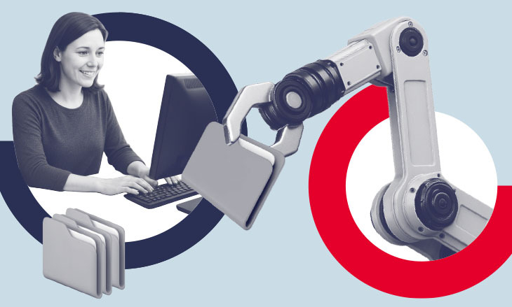 Collage zeigt eine Frau am PC-Arbeitsplatz und einen Roboterarm, der digitale Ordner greift.