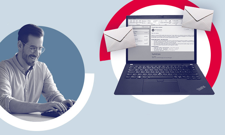 Collage zeigt eine Person an einer Tastatur und einen Laptop mit geöffnetem E-Mail-Programm, davor zwei Brief-Symbole